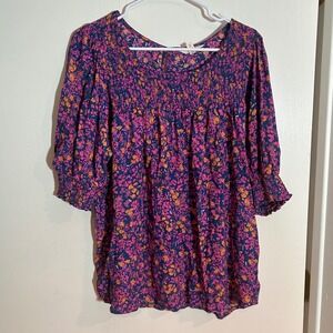 Terra & Sky Floral Smocked Blouse Navy Pink Orange Plus Size 0X 14W Boho Top
